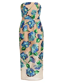 Pictorial Poppy Mesh Strapless Dress