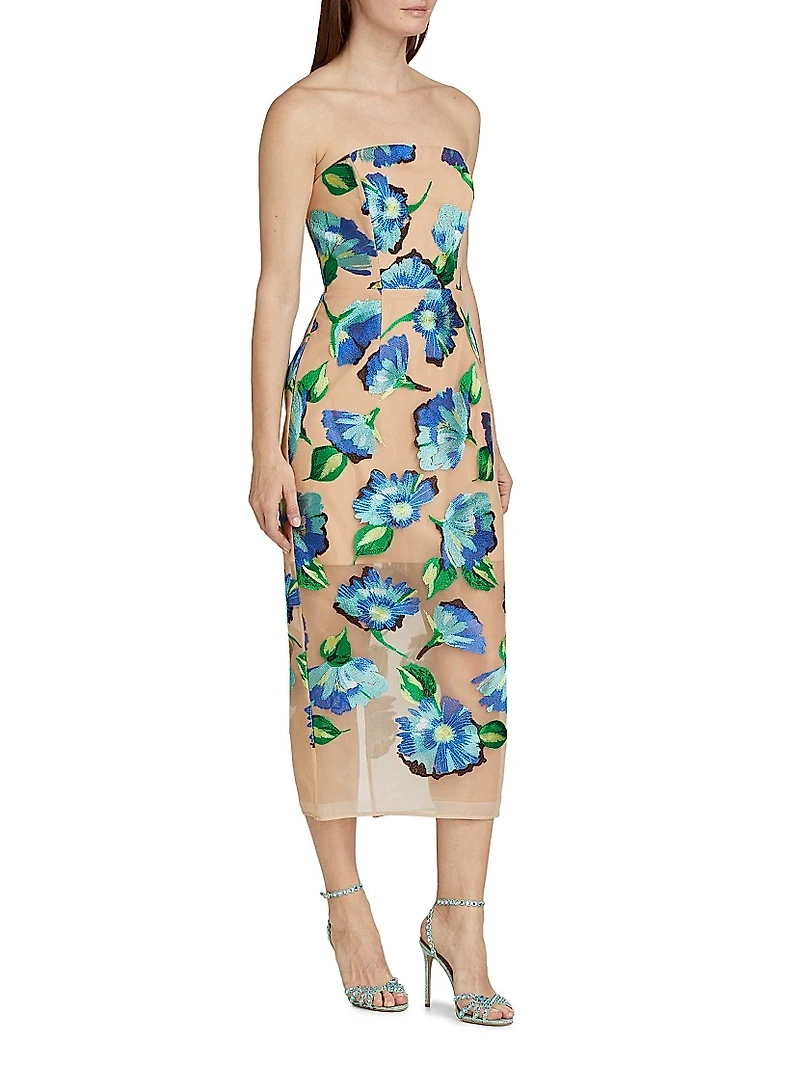 Pictorial Poppy Mesh Strapless Dress