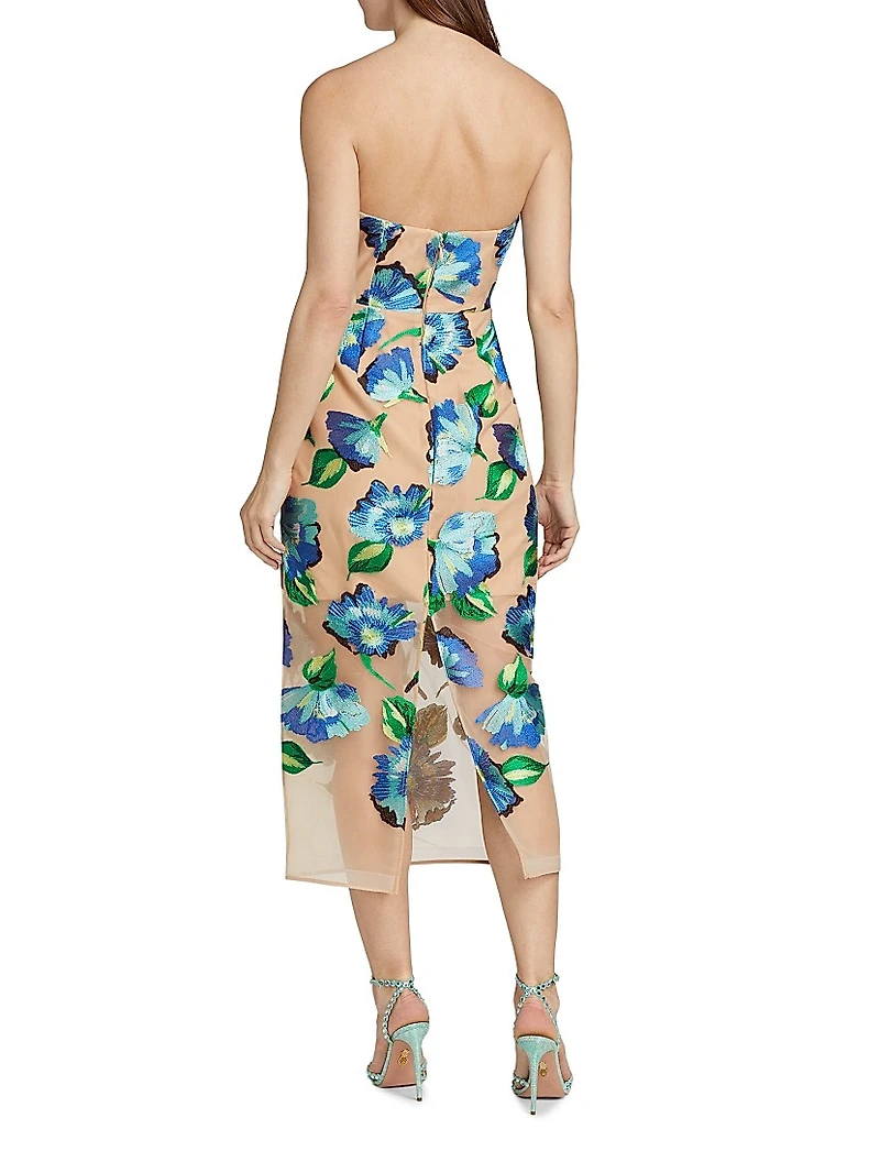 Pictorial Poppy Mesh Strapless Dress