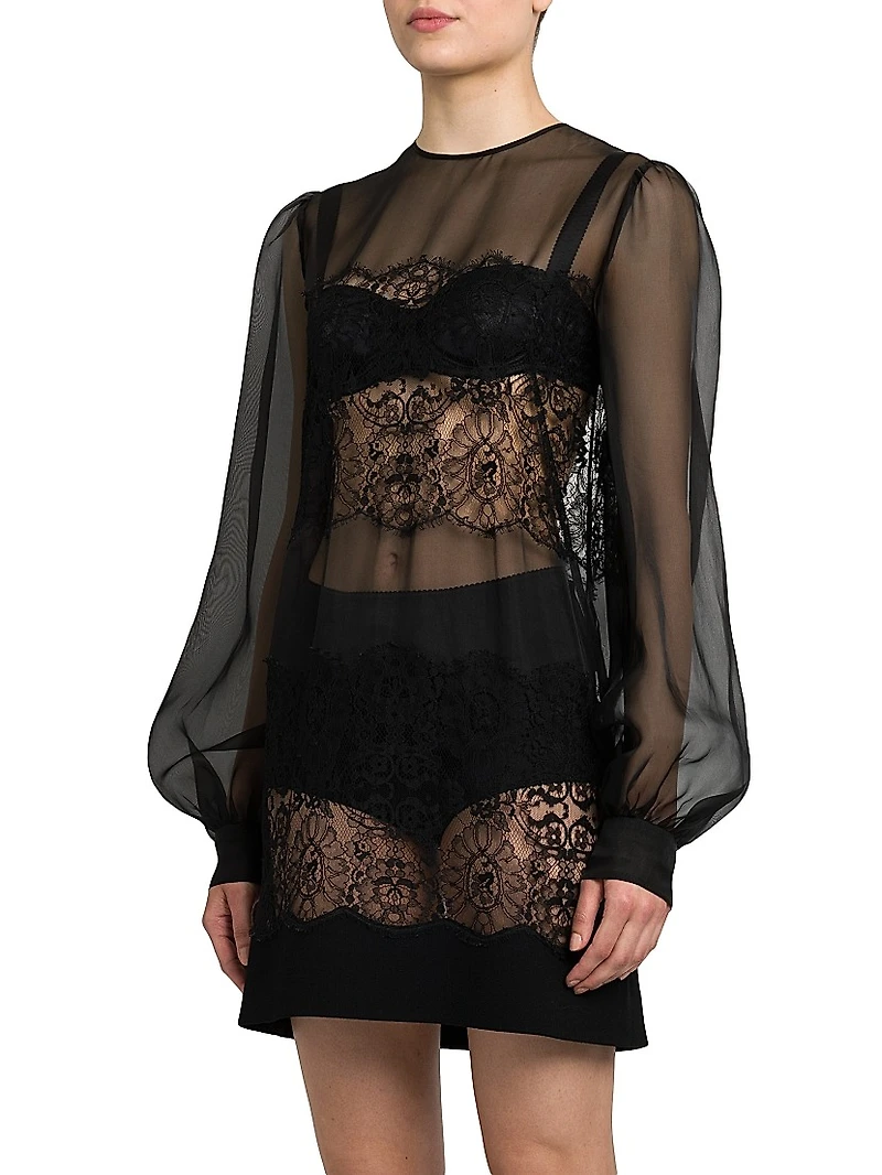 Organza Lace-Panel Minidress