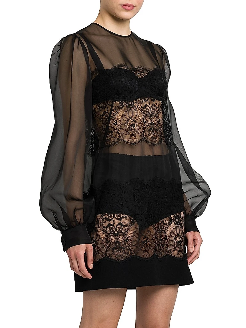Organza Lace-Panel Minidress