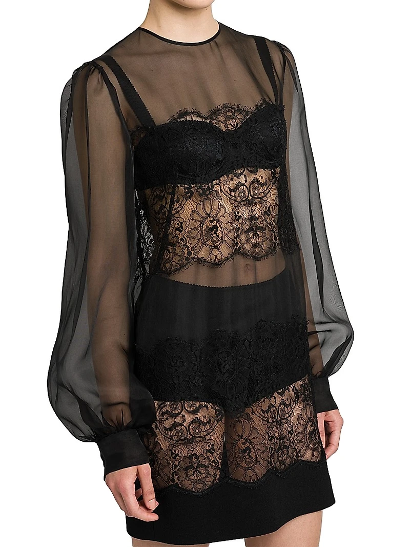 Organza Lace-Panel Minidress