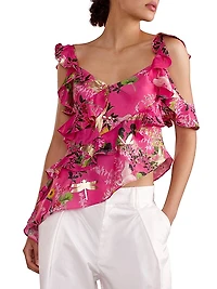 Silk Asymmetrical Hem Ruffle Blouse
