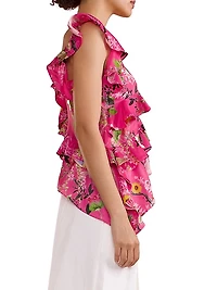 Silk Asymmetrical Hem Ruffle Blouse