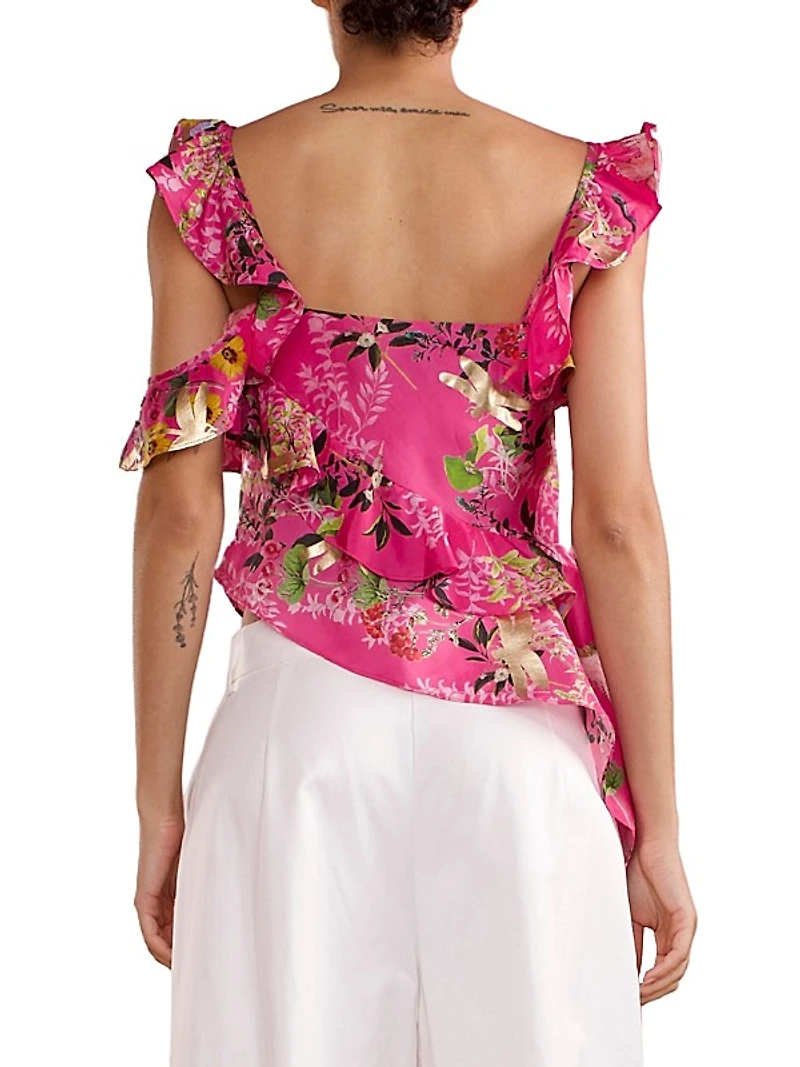 Silk Asymmetrical Hem Ruffle Blouse