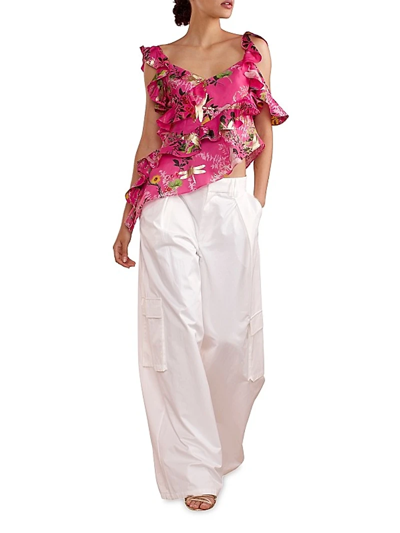 Silk Asymmetrical Hem Ruffle Blouse