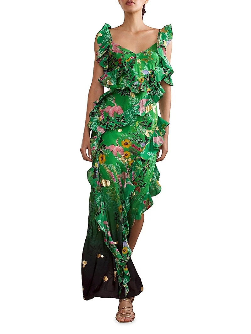 Silk Asymmetrical Hem Ruffle Maxi Dress