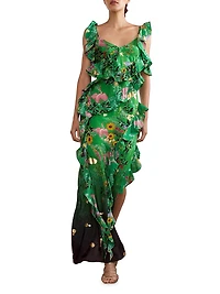 Silk Asymmetrical Hem Ruffle Maxi Dress