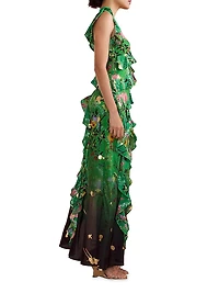 Silk Asymmetrical Hem Ruffle Maxi Dress