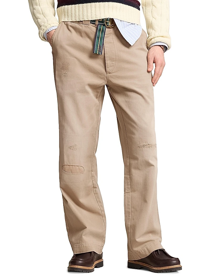 Distressed Cotton Flat-Front Pants