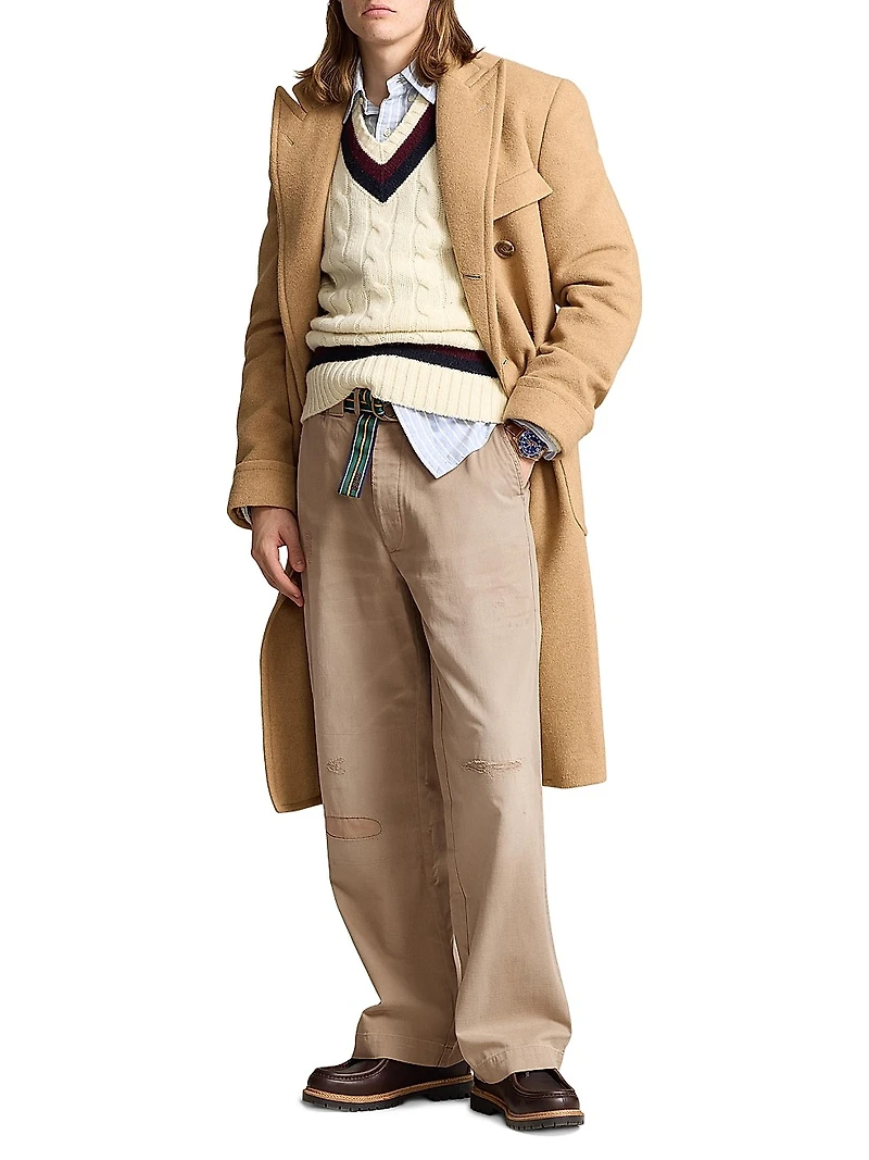 Distressed Cotton Flat-Front Pants