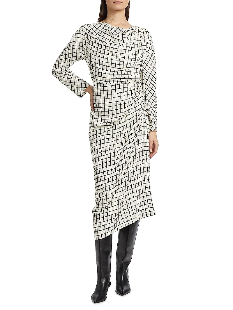 Didi Grid Silk-Blend Gathered Midi-Dress