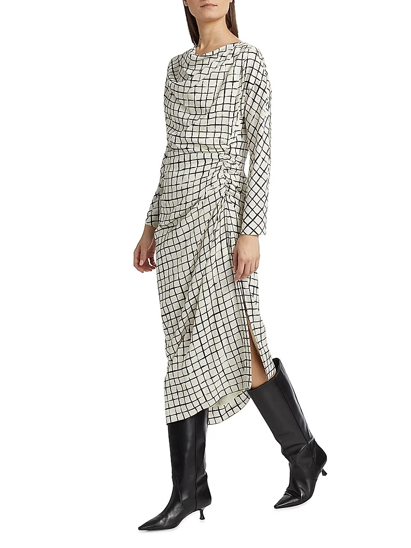 Didi Grid Silk-Blend Gathered Midi-Dress