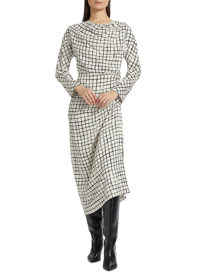 Didi Grid Silk-Blend Gathered Midi-Dress