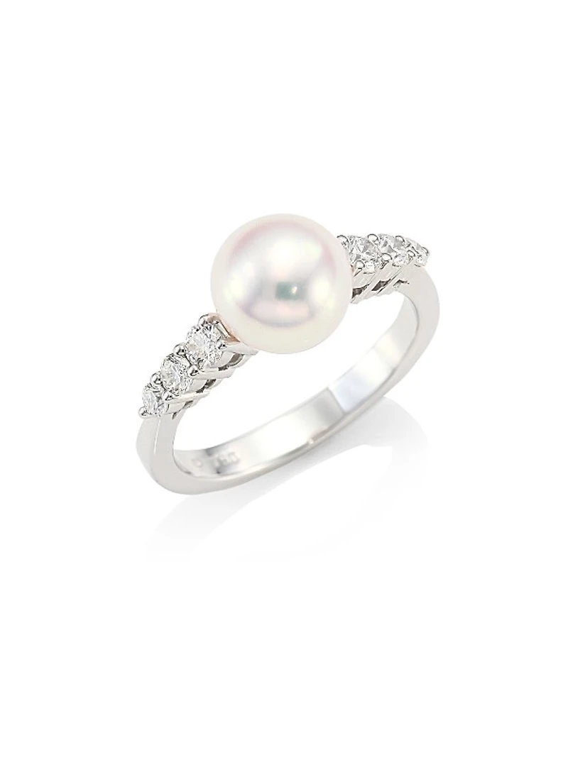 Morning Dew 18K White Gold, Akoya Pearl & 0.31 TCW Diamond Ring