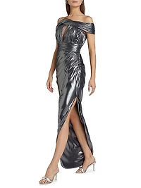Pleated Metallic Asymmetric Gown