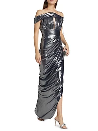 Pleated Metallic Asymmetric Gown