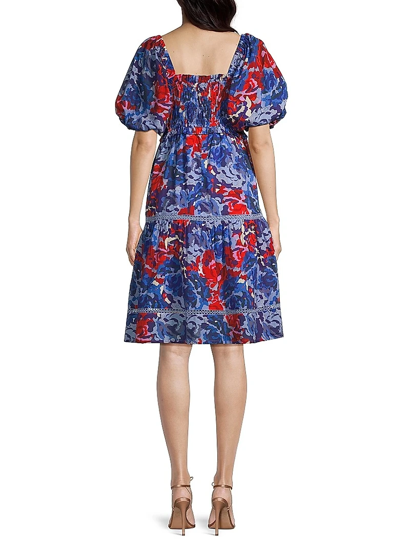Tamara Floral Cotton Puff-Sleeve Midi-Dress
