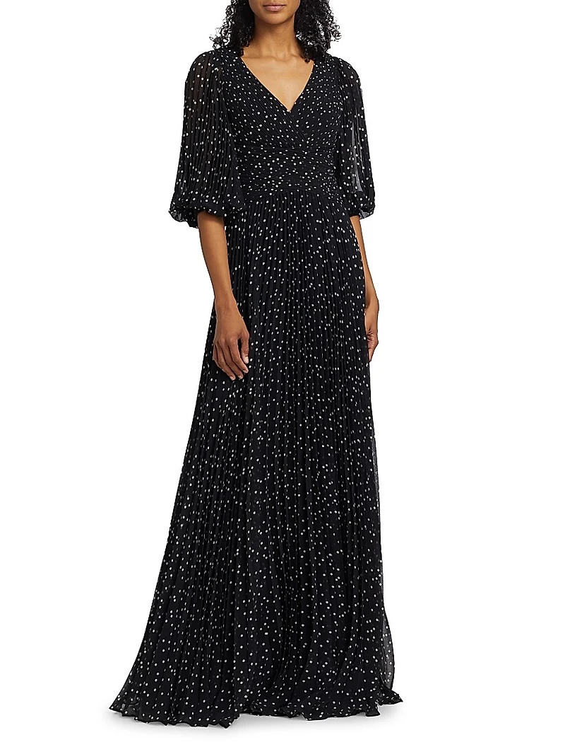 Polka Dot Pleated Chiffon Gown