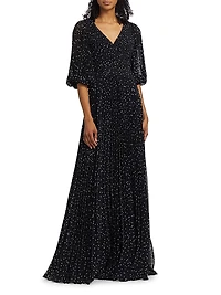 Polka Dot Pleated Chiffon Gown