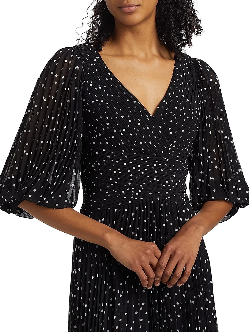 Polka Dot Pleated Chiffon Gown