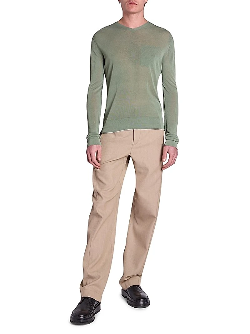 Wool-Blend Flat-Front Pants