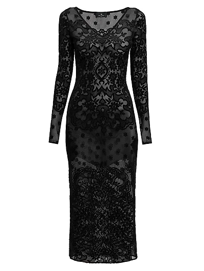 Floral Velvet Mesh Midi-Dress