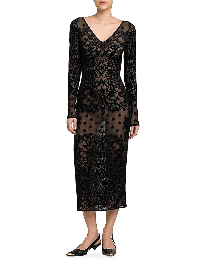 Floral Velvet Mesh Midi-Dress
