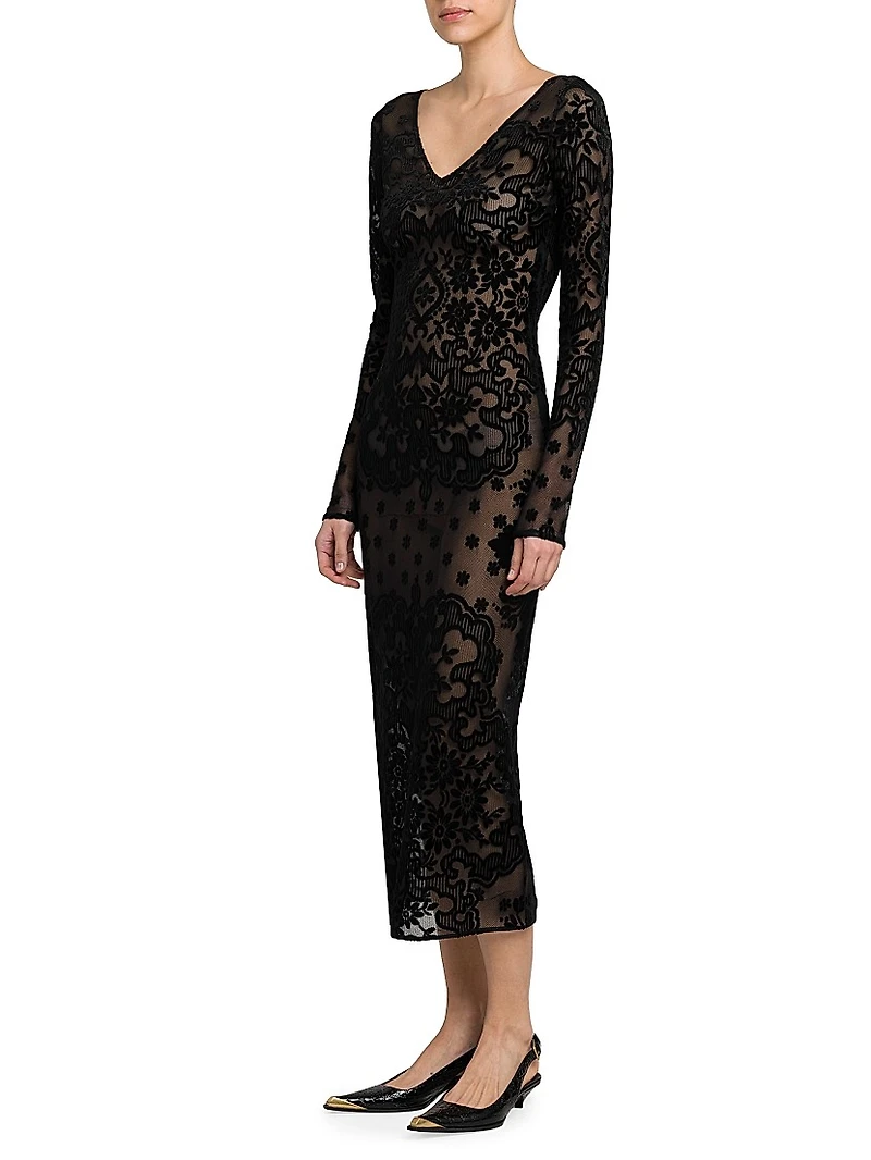 Floral Velvet Mesh Midi-Dress