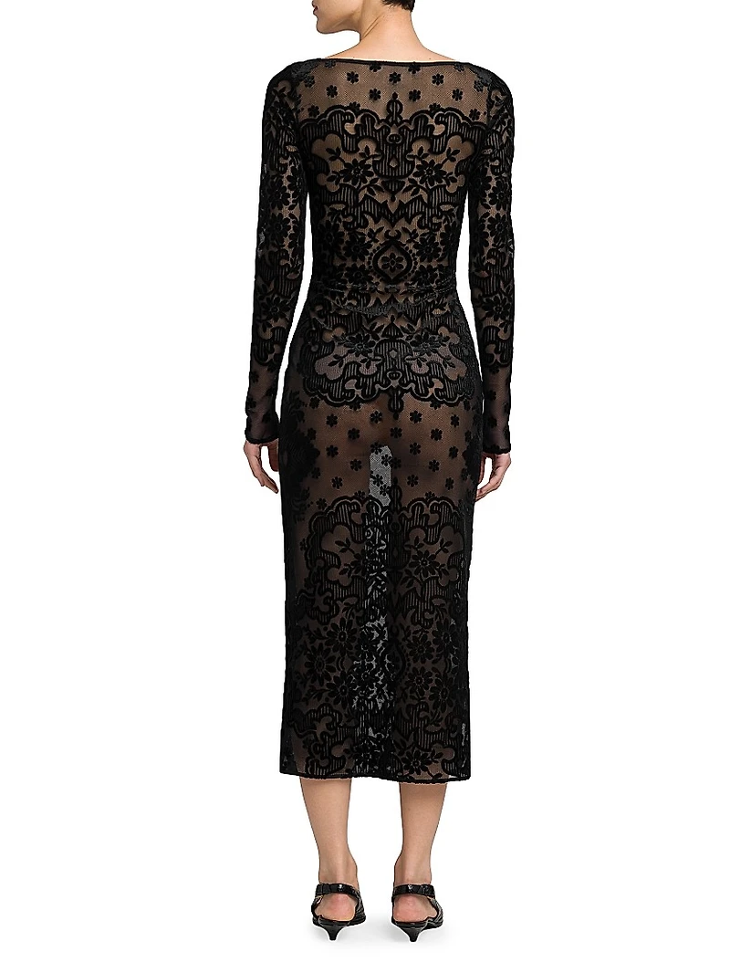 Floral Velvet Mesh Midi-Dress