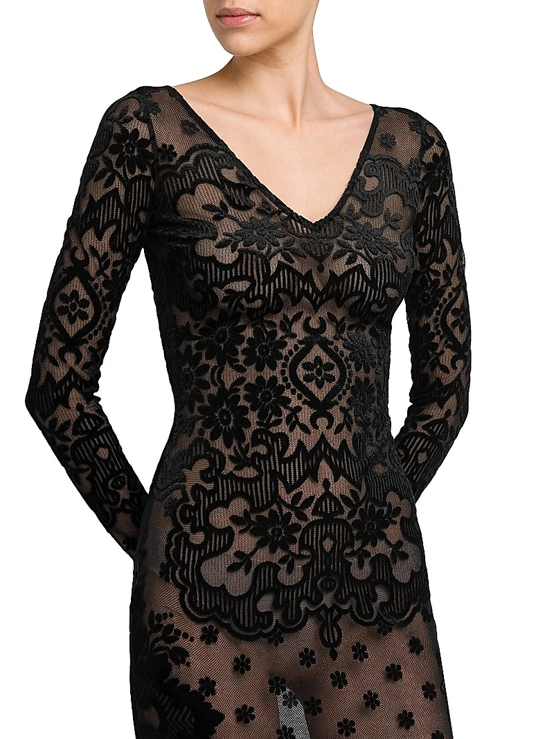 Floral Velvet Mesh Midi-Dress