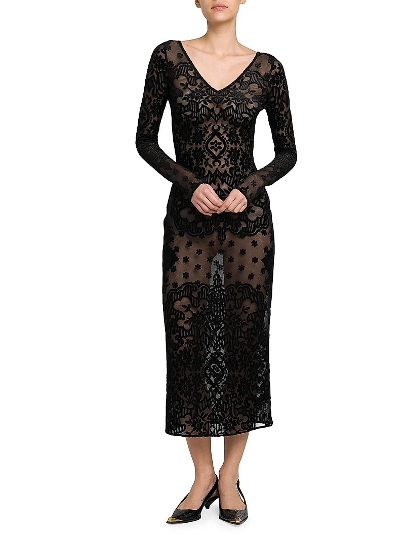 Floral Velvet Mesh Midi-Dress
