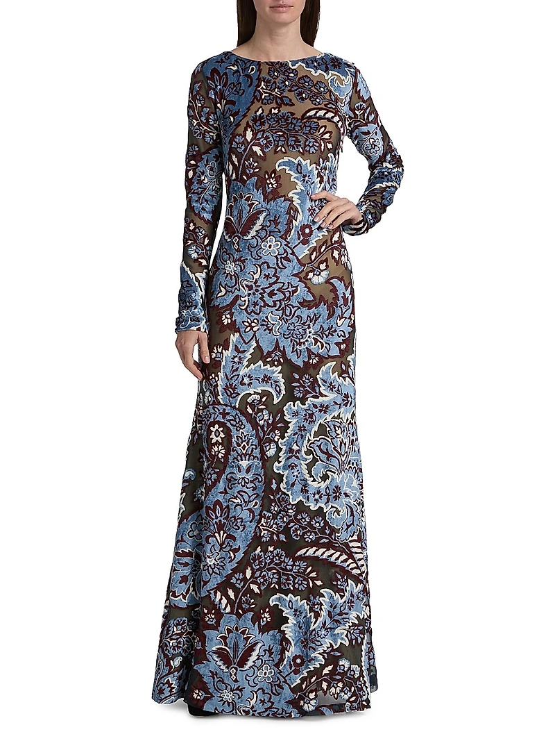 Floral Velvet Mesh Maxi Dress