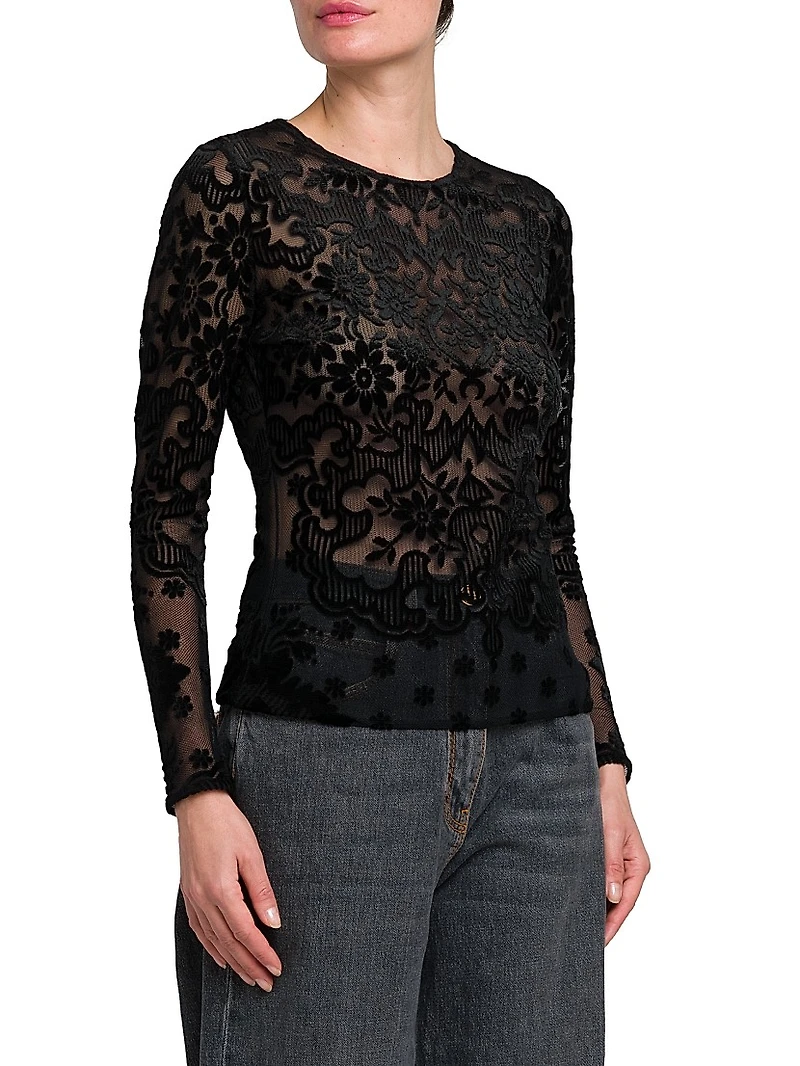 Floral Velvet Mesh Long-Sleeve Top