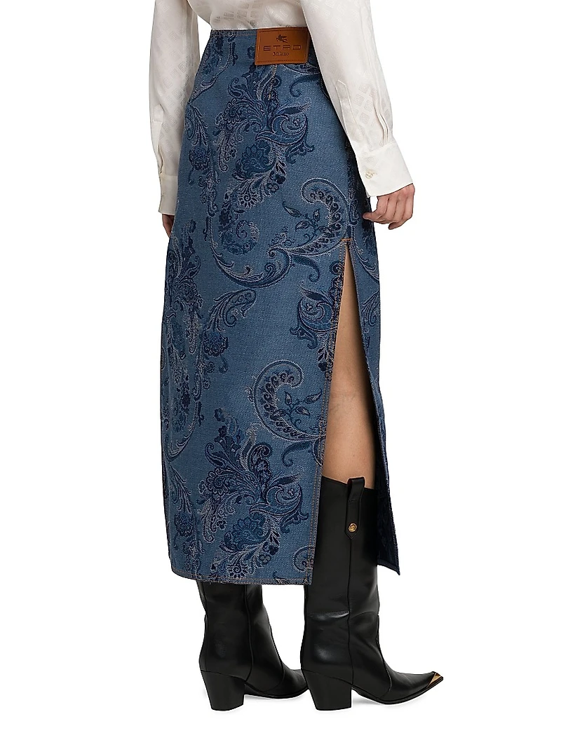 Paisley Denim Midi-Skirt