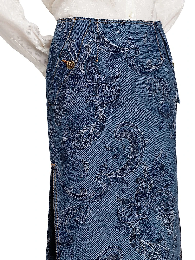 Paisley Denim Midi-Skirt