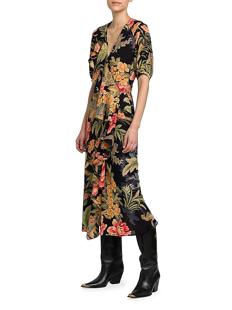 Floral Ruffled Wrap Midi-Dress