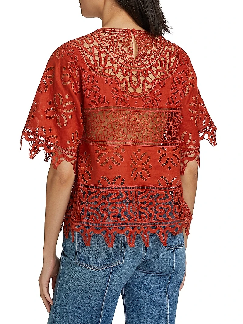 Aria Patchwork Linen & Eyelet Lace Blouse