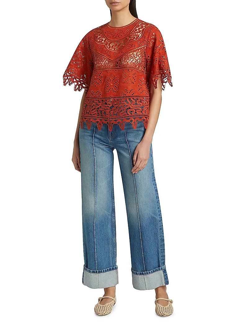 Aria Patchwork Linen & Eyelet Lace Blouse