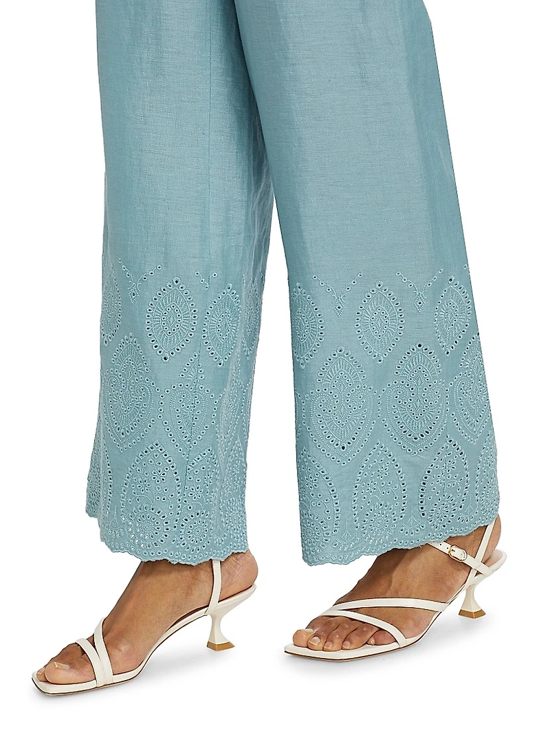 Lesley Linen Eyelet Wide-Leg Pants