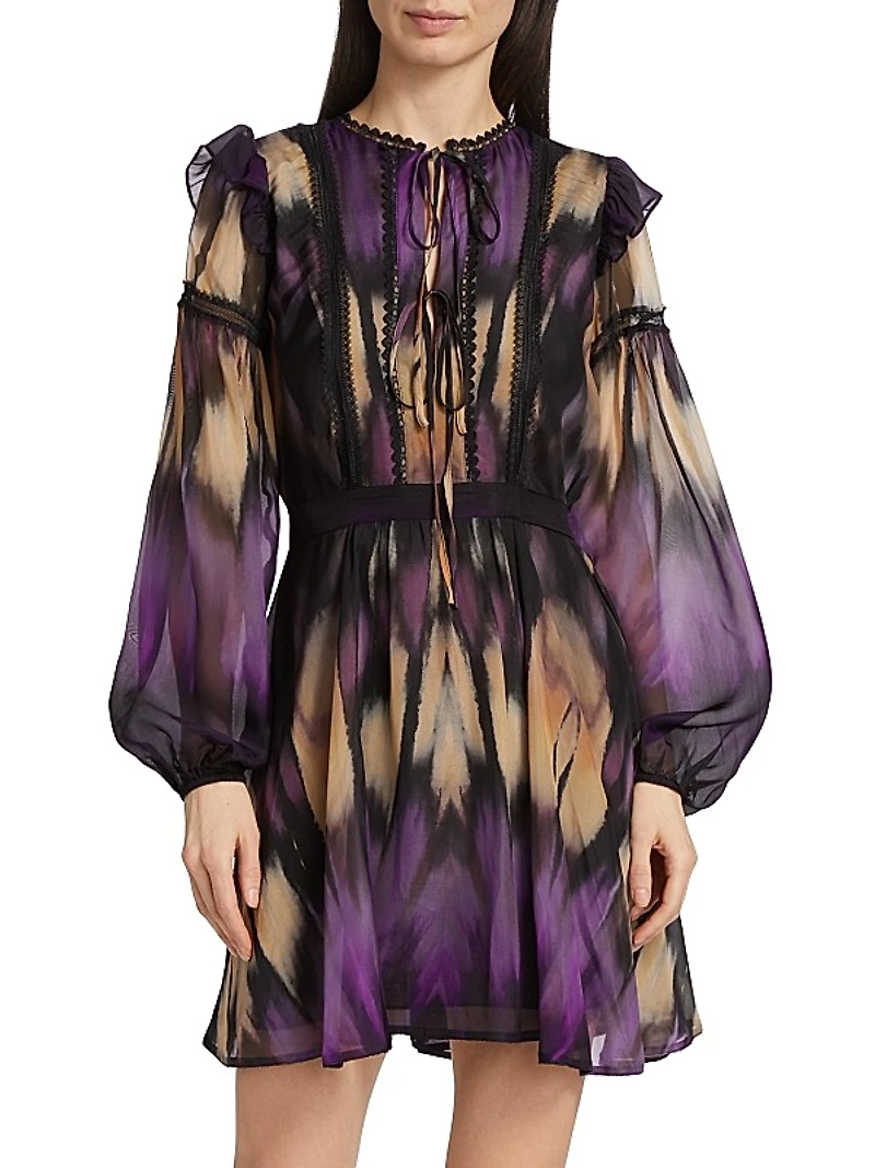 Abstract Georgette Lace-Trimmed Minidress