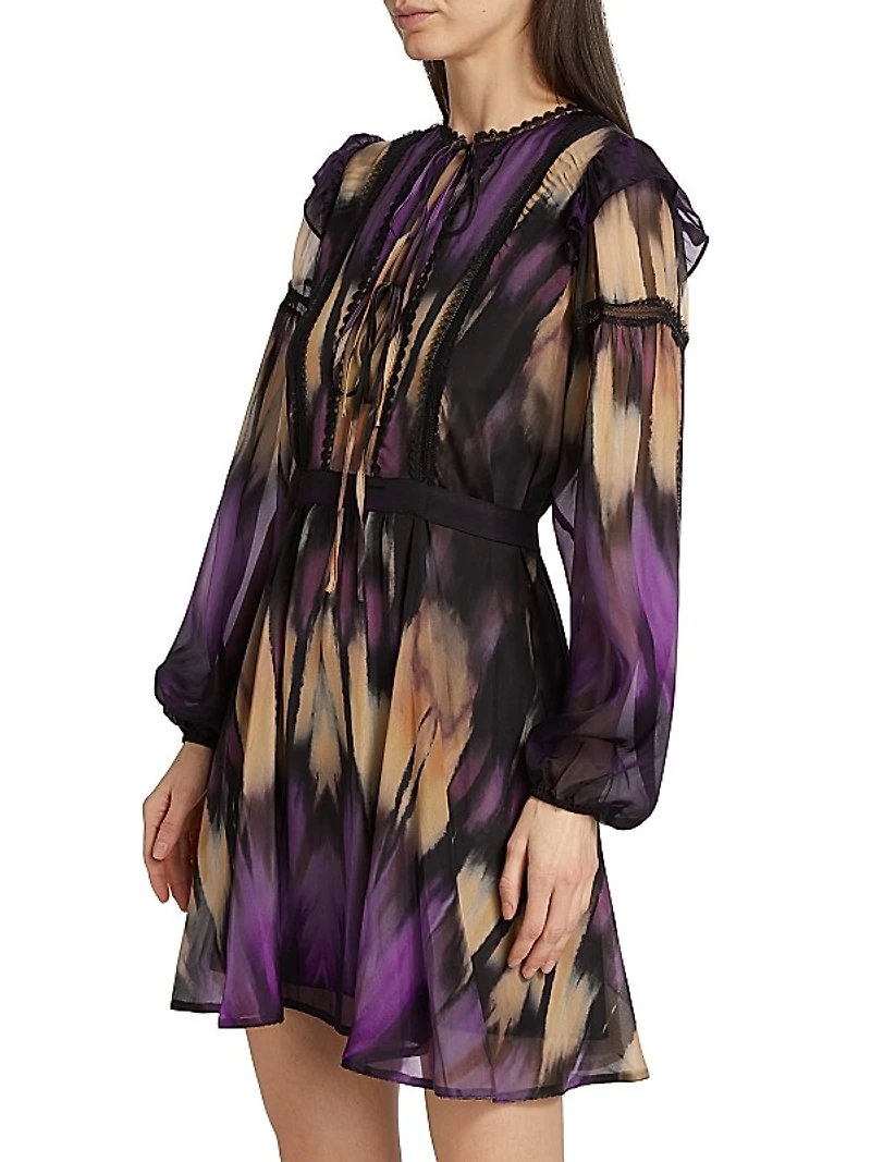 Abstract Georgette Lace-Trimmed Minidress