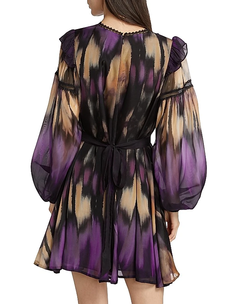 Abstract Georgette Lace-Trimmed Minidress