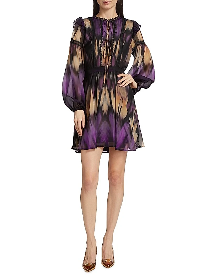 Abstract Georgette Lace-Trimmed Minidress