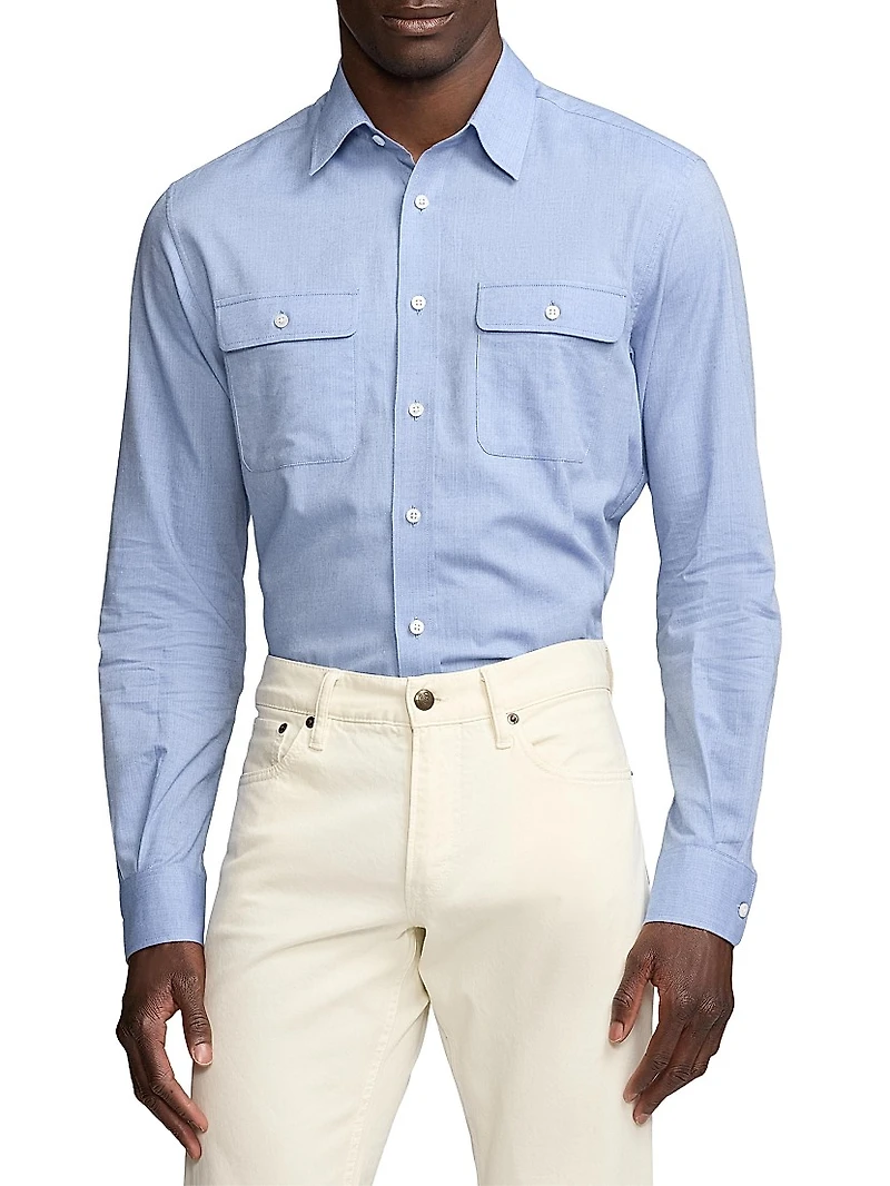 Herringbone Cotton Button-Front Shirt