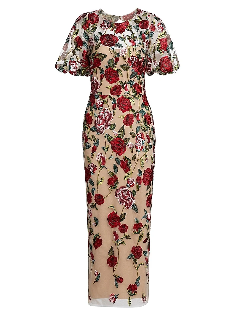 Floral Embroidered Puff-Sleeve Midi-Dress