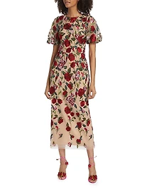Floral Embroidered Puff-Sleeve Midi-Dress