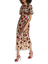 Floral Embroidered Puff-Sleeve Midi-Dress