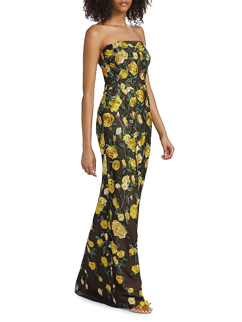 Floral Embroidered Strapless Gown