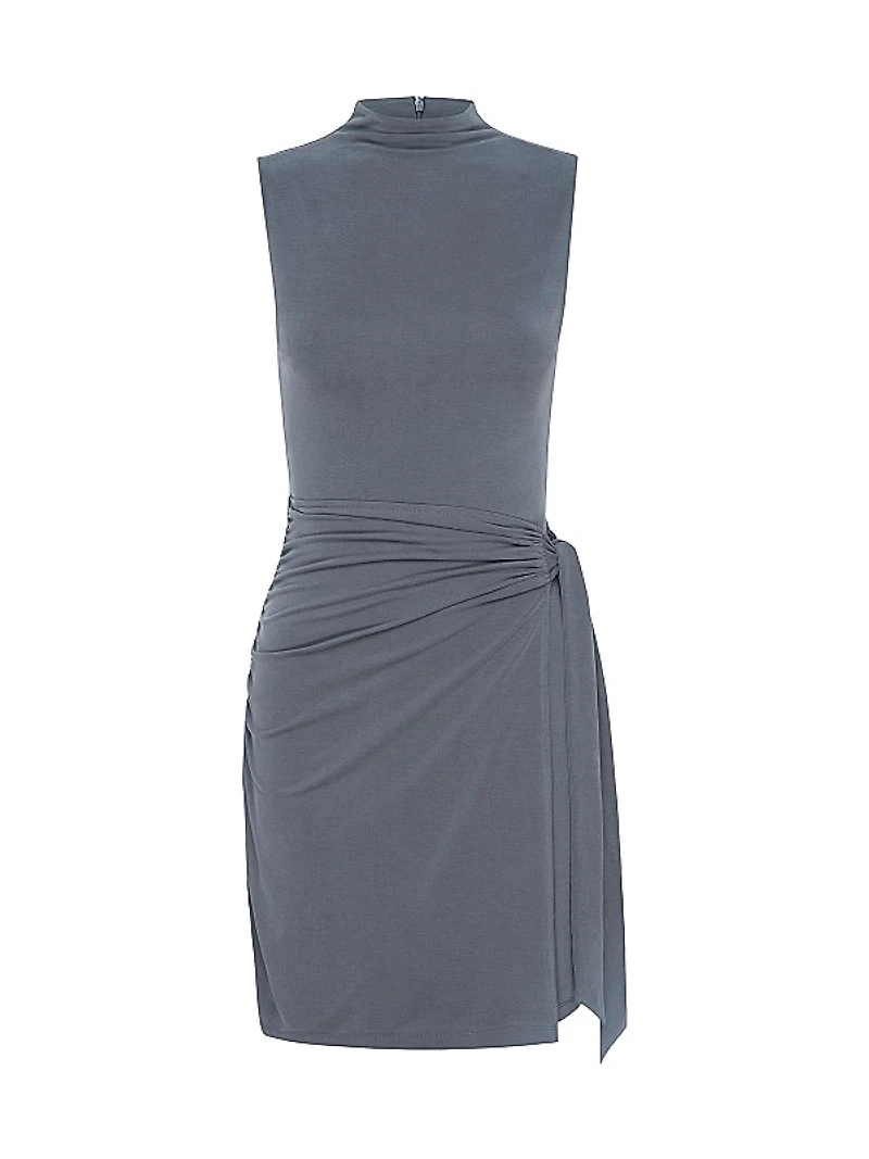 Sandwashed Jersey Wrap Mock Turtleneck Minidress